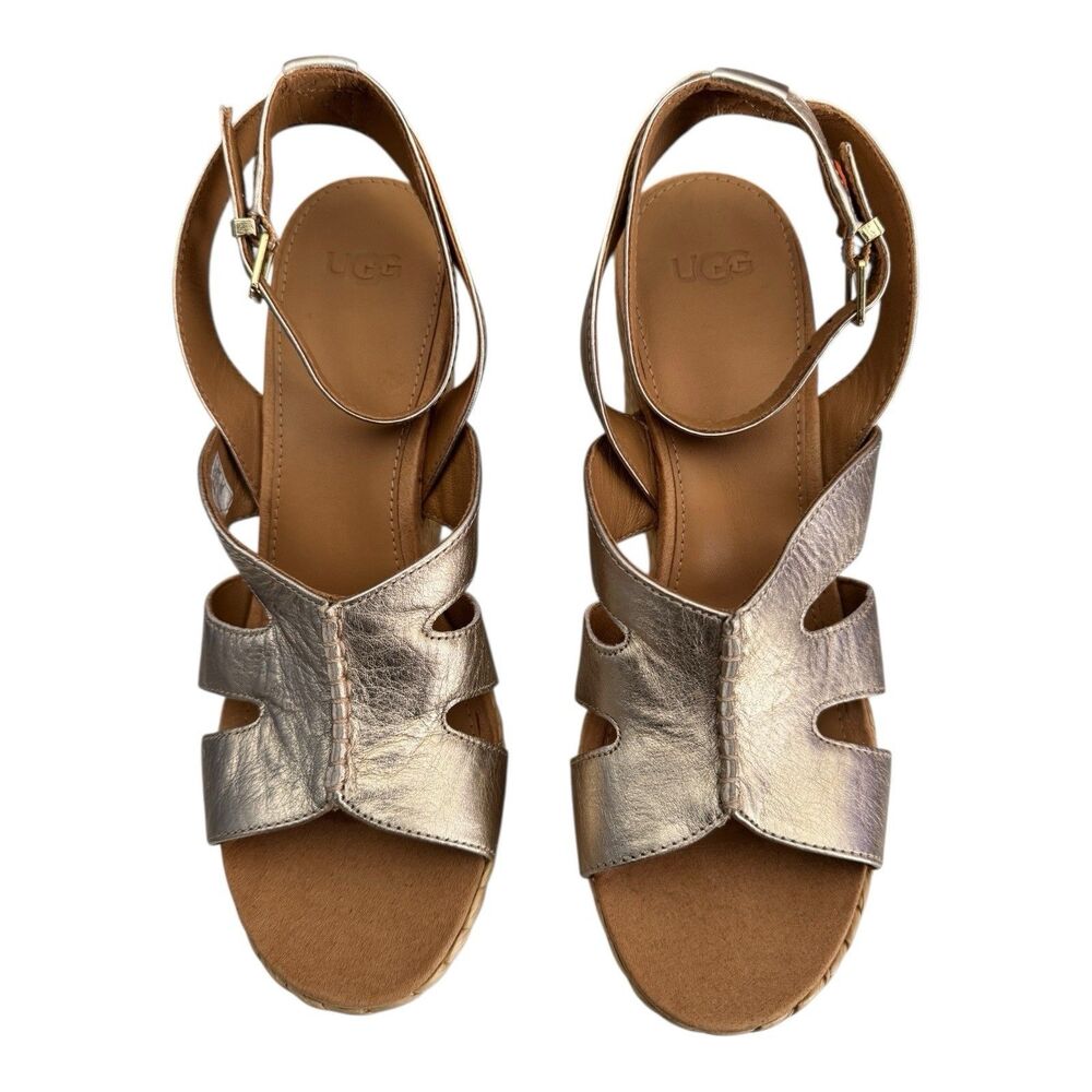 UGG Careena Ankle Strap Wedge Sandals 1125209 Women’s 9.5 Pale Gold Metallic - Picture 5 of 9